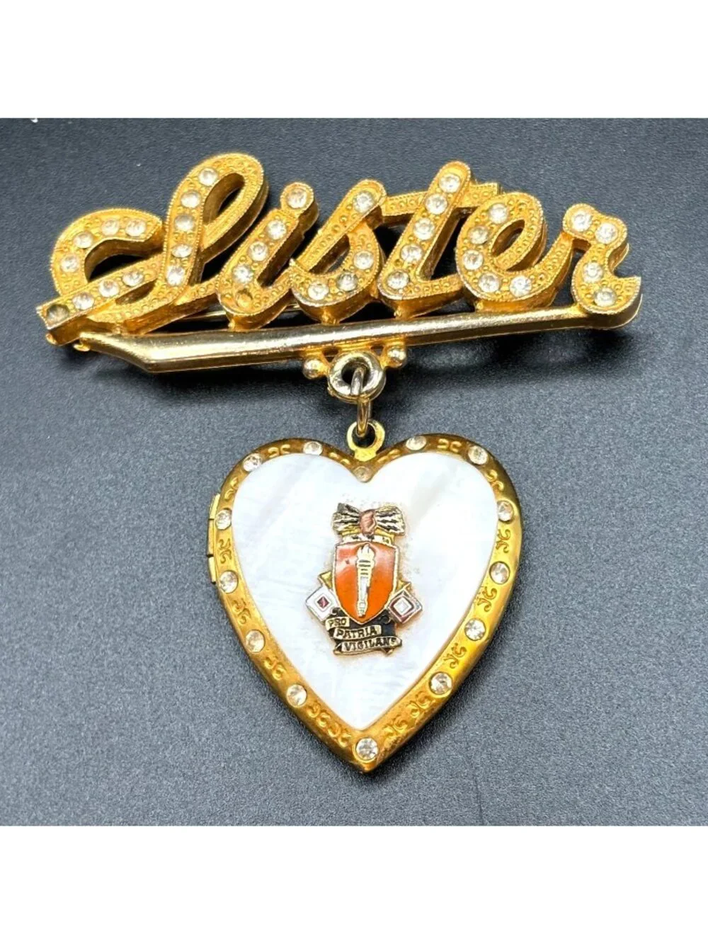 WWII Army Signal Corps Sweetheart Locket Brooch Pin Kinney Mother of Pearl